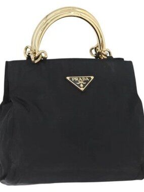 PRADA Hand Bag nylon metal Black Gold Auth 173529A